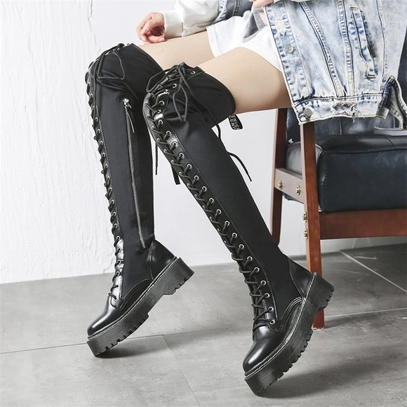 Affordable Fashion Finds Shoes - 🔥Over Knee Lace-Up Zipped Black Platform Stretchy Socks Boots